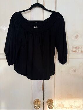 lovestitch Black Peasant Blouse with Smocked Square Neck